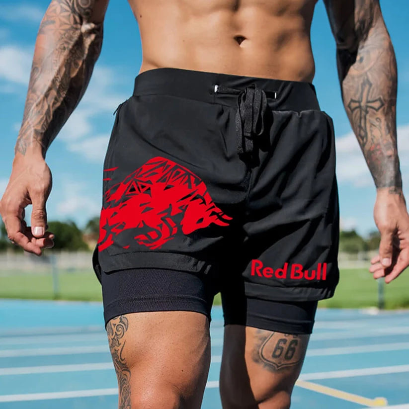 Men's Racing Logo Print Double Layer Sports Shorts