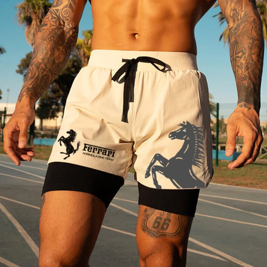 Men's Racing Logo Print Double Layer Sports Shorts